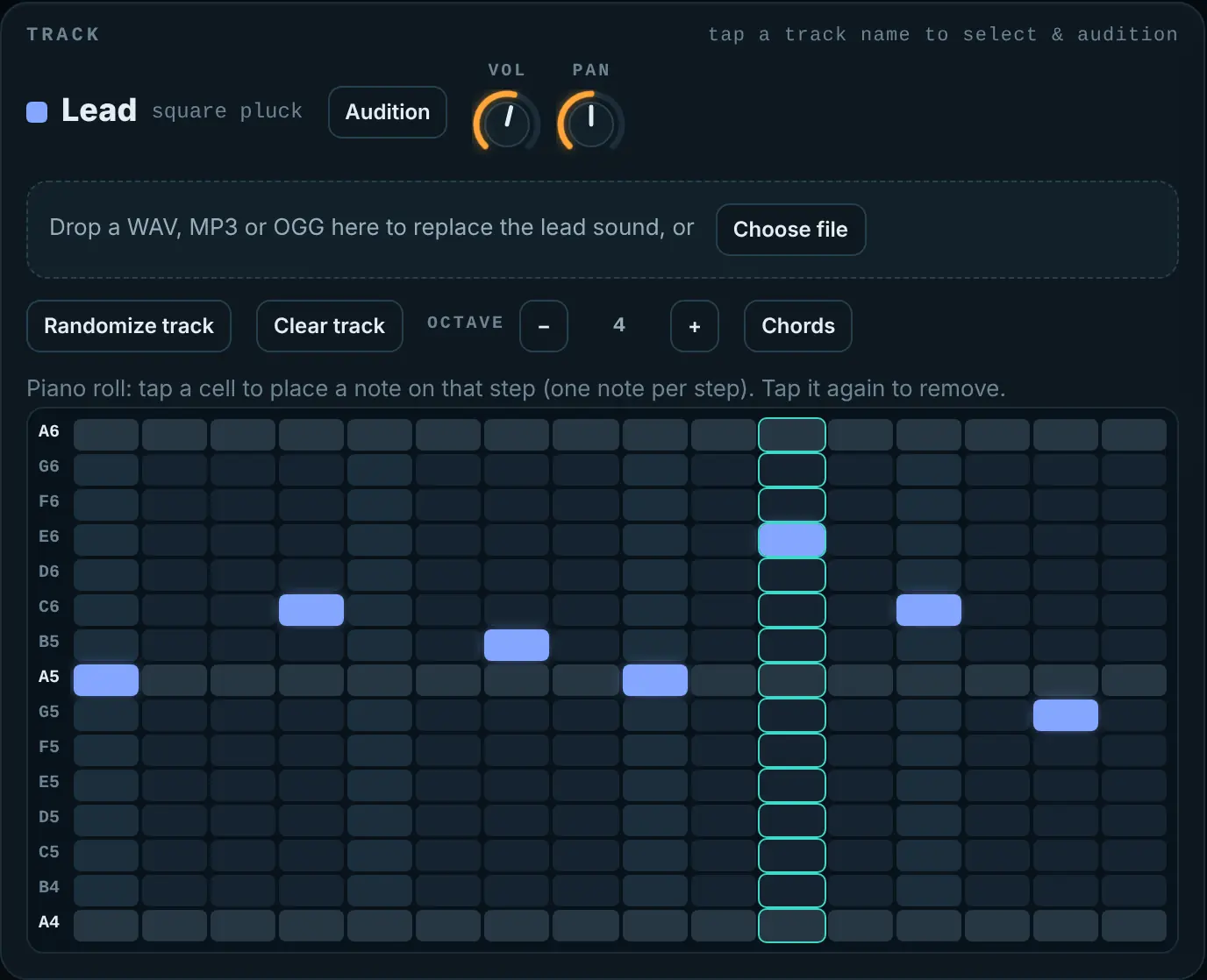 Lead notes in A minor, chords on